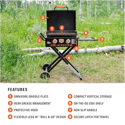Blackstone 22” On The Go Scissor-Leg Griddle with Two Burners -Stainless Steel Gas Griddle with Hood, Wheels, Side Shelf –Heavy Duty Outdoor Stainless Steel Griddle for Backyard, Patio Camping –1935