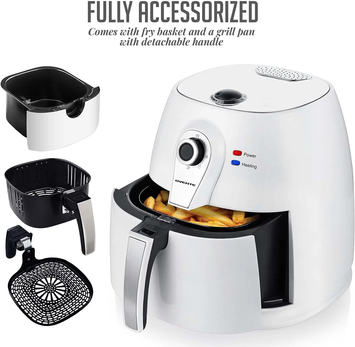 OVENTE 3.2 Qt Compact Air Fryer, Adjustable Temperature, Non-Stick Basket, New- White FAM21302W