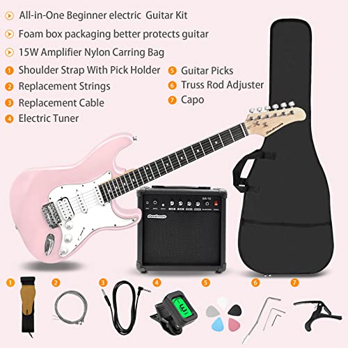 Soulmate 39 Inch Full Size Electric Guitar Starter Kit for Beginners Solid Body, HSS Pickups with 15W Amp, Gig Bag, Digital Tuner, Capo, Strap, Strings, Cable, Picks (Right-Handed,Pink)