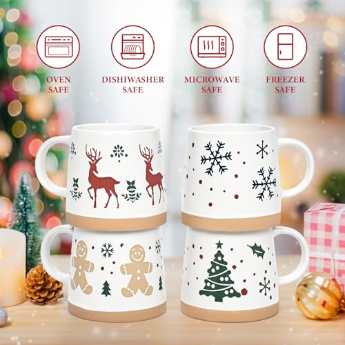 Maustic Christmas Mugs Set of 4, Holiday Coffee Mugs with Festive Christmas Themed Design, Hot Chocolate Hot Cocoa Cups, Family Gifts, 14 Oz