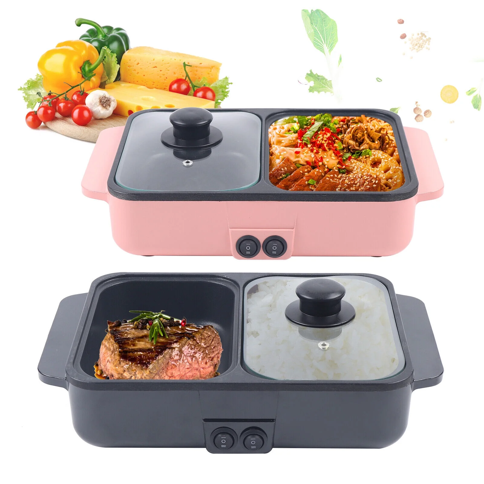 Electric Hot Pot BBQ Grill Kitchen Smokeless Shabu Cooking Pan 1200W Mini 2-IN-1