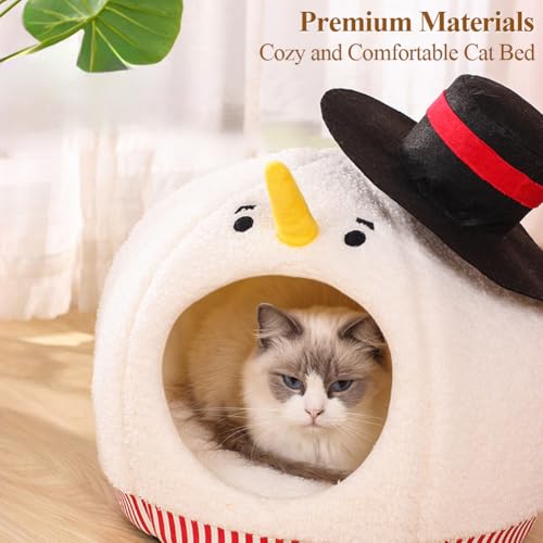 Cute Snowman-Shaped Enclosed Cat Bed Cave - Warm and Cozy Winter Cat Hideaway for Indoor Cats, Funny Christmas Themed Pet House with Washable Mat, All-Season Comfort for Kittens and Small Dogs
