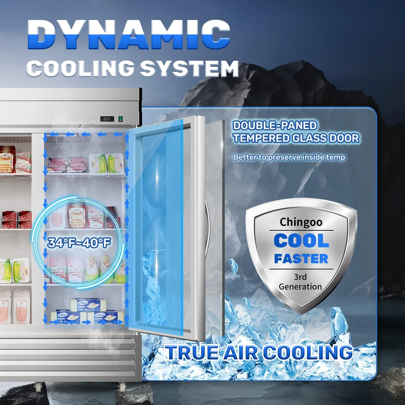 Chingoo Commercial Beverage Cooler 2 Glass Doors, 49 Cu.ft Stainless Steel Reach-in Upright Refrigerator for Bar Shop Office