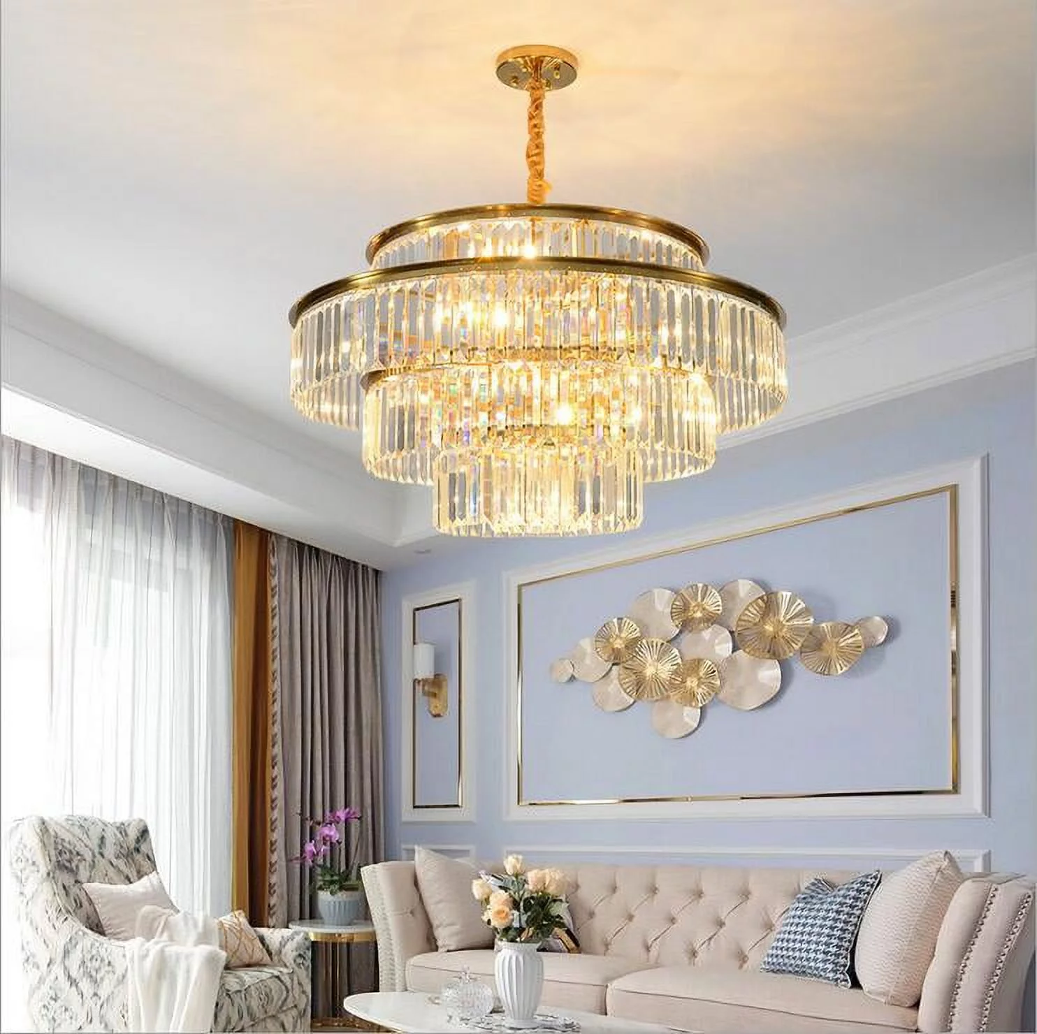 AFANQI 24 inch Gold 4 Layers Crystal Chandelier, Modern Ceiling Lamp, Gold Pendant Light for Living Room, Dining Room 23