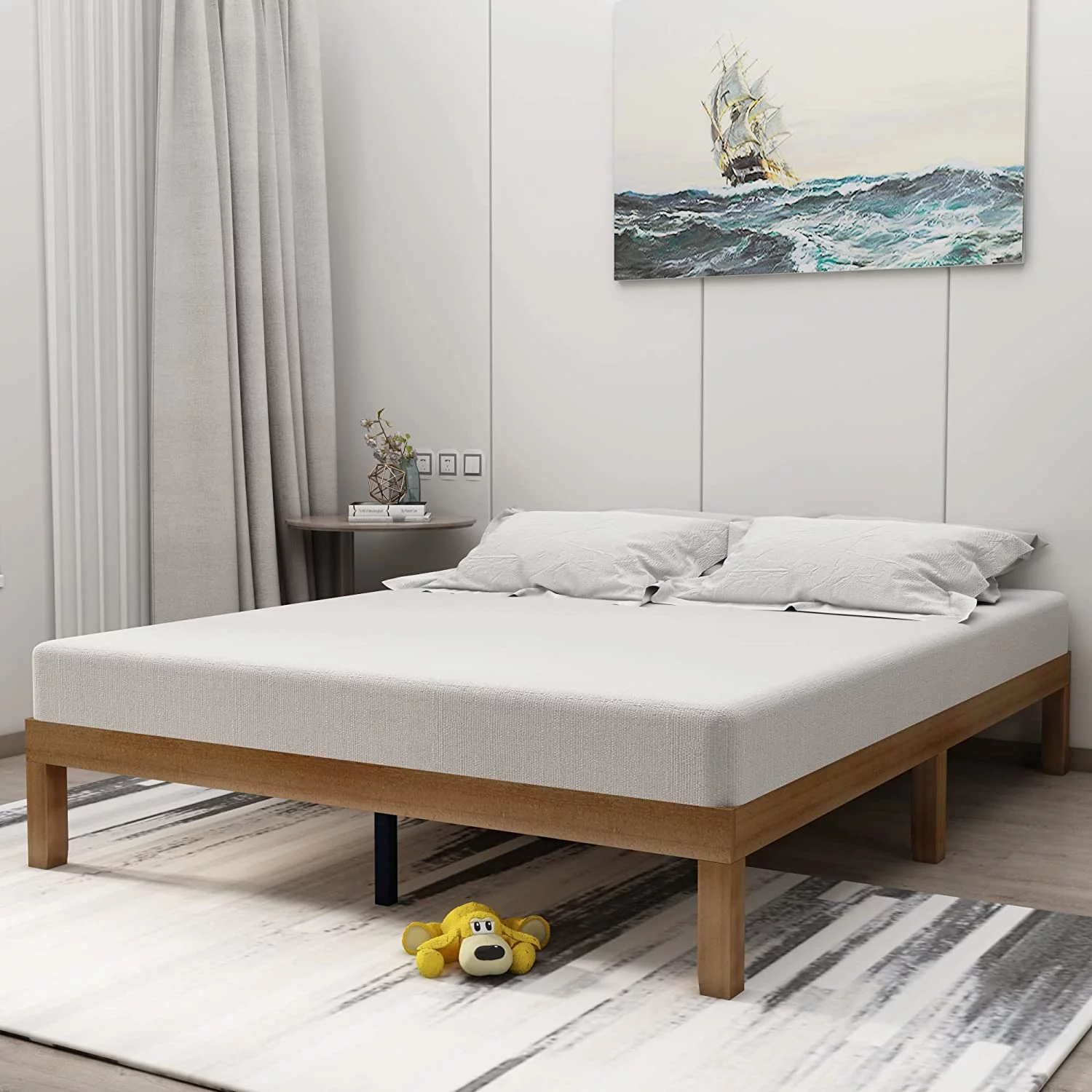 AngLink Queen Size Wood Platform Bedframe - No Headboard Bed Frame with 10 Legs Support, No Box Spring Needed, Strong Wood Slat Support, Easy Assembly丨Natural