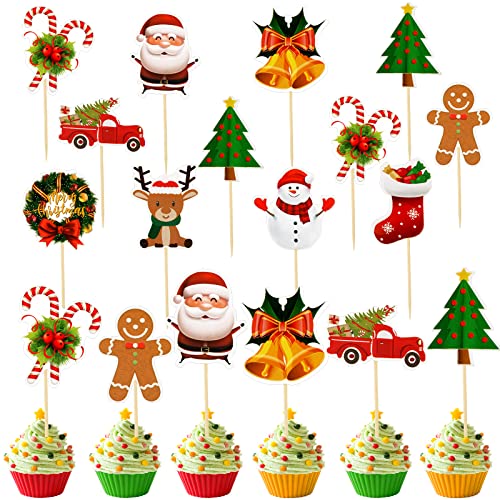 100 Pcs Christmas Cupcake Toppers Christmas Cake Decorations Cupcake Sticks for Toppers Snowman Santa Tree Reindeer Socks Party Cake Pick for Party Supplies Dessert Baking Decor