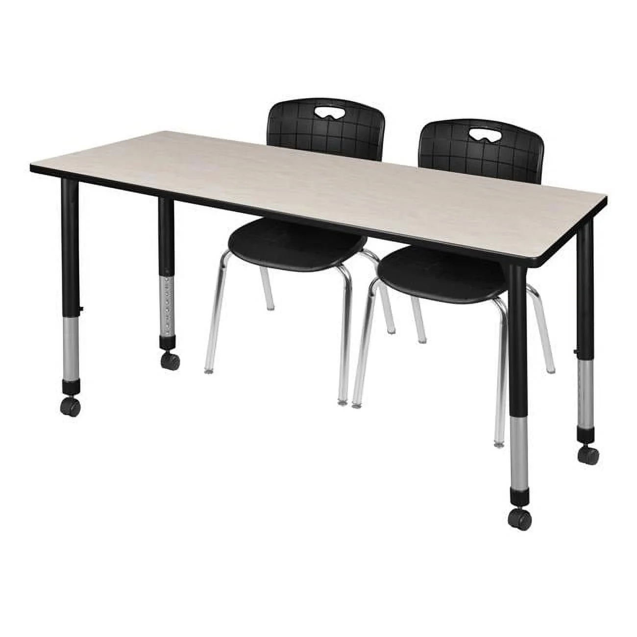 60 x 30 in. Kee Height Adjustable Mobile Classroom Table, Maple & 2 Andy 18 in. Stack Chairs - Black