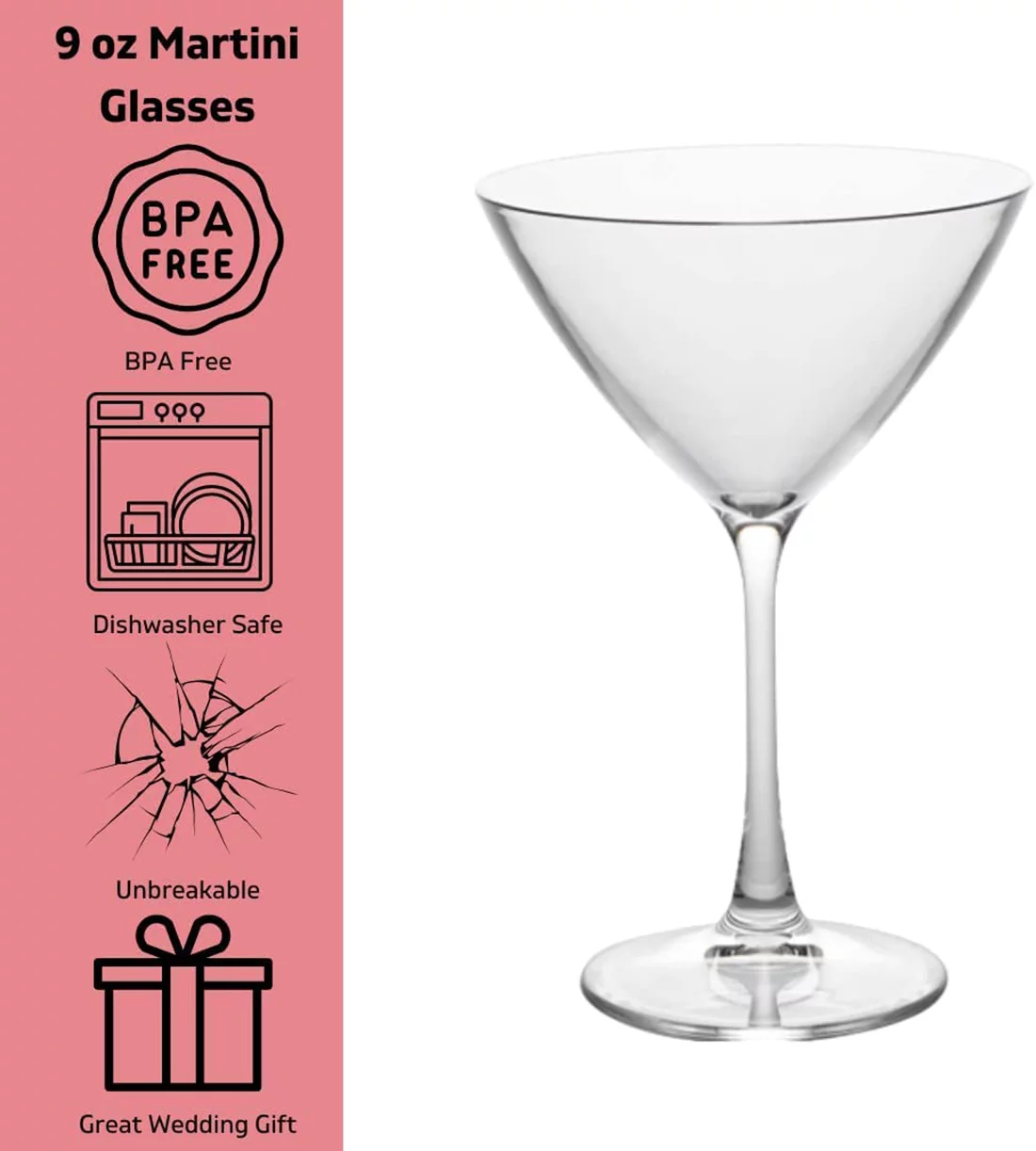 D'eco Unbreakable Stemmed Martini Glasses, 9oz- 100% Tritan- Shatterproof, Reusable, Dishwasher Safe Drink Glassware (Set of 8)- Indoor Outdoor Drinkware - Great Holiday, Housewarming & Wedding Gift