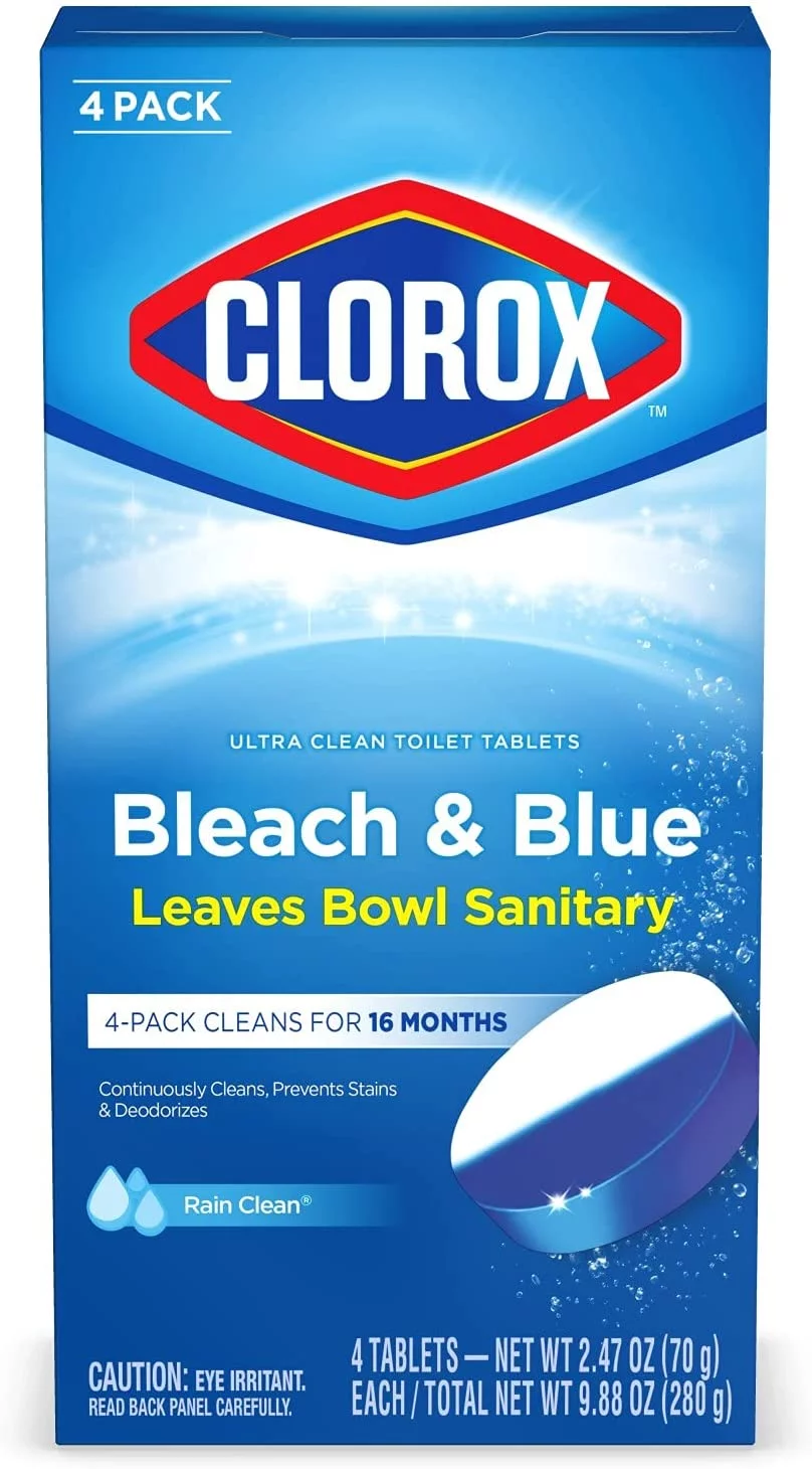 Clorox Ultra Clean Toilet Tablets Bleach & Blue, Rain Clean Scent 2.47 Ounces Each, 4 Count (Package May Vary)