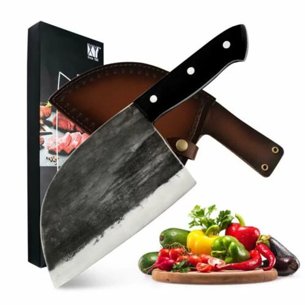 Butcher Knife 6.7 inch Sharp Meat Cleaver Hand Forged Serbian Chef Knife with Leather Sheath High Carbon Steel Cleaver Knife for Kitchen, Camping, BBQ