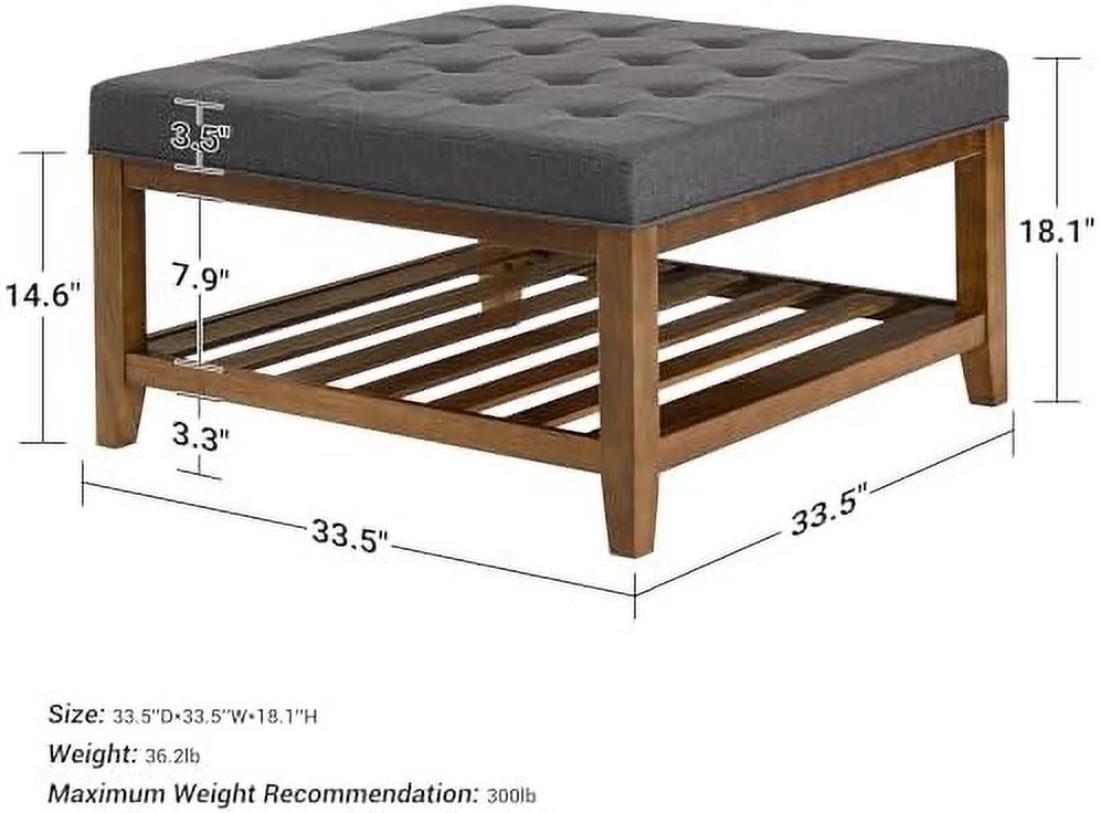 TJUNBOLIFE Square Ottoman Coffee Table with   Button Tufted Upholstered Linen Coffee Table for Living Room  Farmhouse Mid Century Modern Wooden Stool Footrest Ottoman with Wood   Light Be