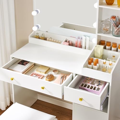 ANWBROAD White Vanity Desk with Mirror and Lights Makeup Vanity Set with 12 Storage Area 5 Desktop Compartments and Power Strip 3 Lighting Modes Adjustable Brightness Bedroom Dressing Table UBDT72W