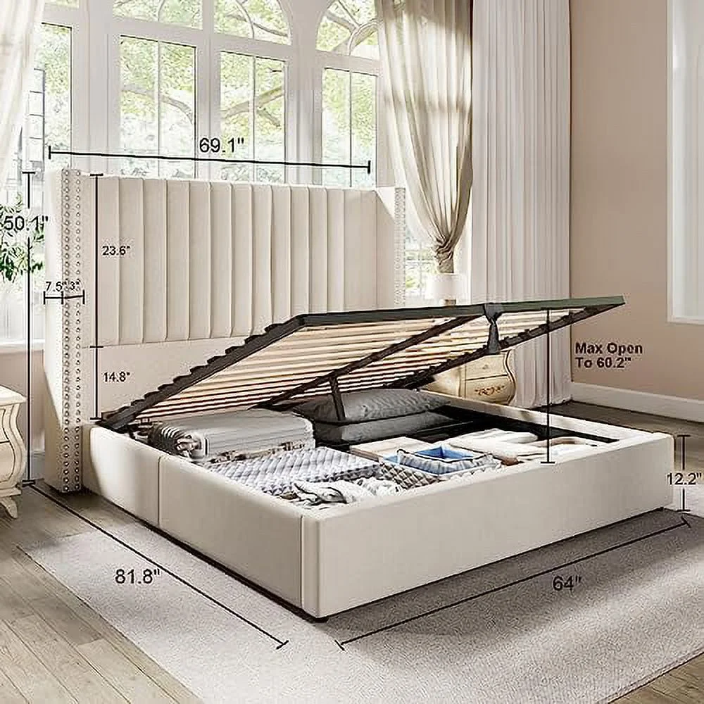 Jocisland Queen Bed Frame Lift Up Storage Bed, Velvet Queen Upholstered Bed Frame Channel Tufted Wingback Headborad/No Box Spring Needed/Cream