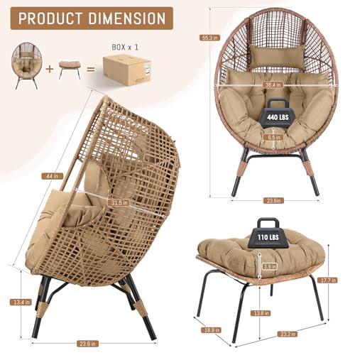 RADIATA Egg Chair with Footrest, Wicker Patio Lounger with Ottoman, Oversized Rattan Egg Shaped Chair with Leg for Indoor Outdoor Patio Balcony Garden (Nature)