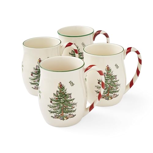 Spode Christmas Tree 14 oz Holiday Mugs (Set of 4) - Festive Coffee Cups with Peppermint Candy Cane Handle, Stoneware Christmas Drinkware Ideal for Hot Cocoa, Holiday Tea & Winter Beverages