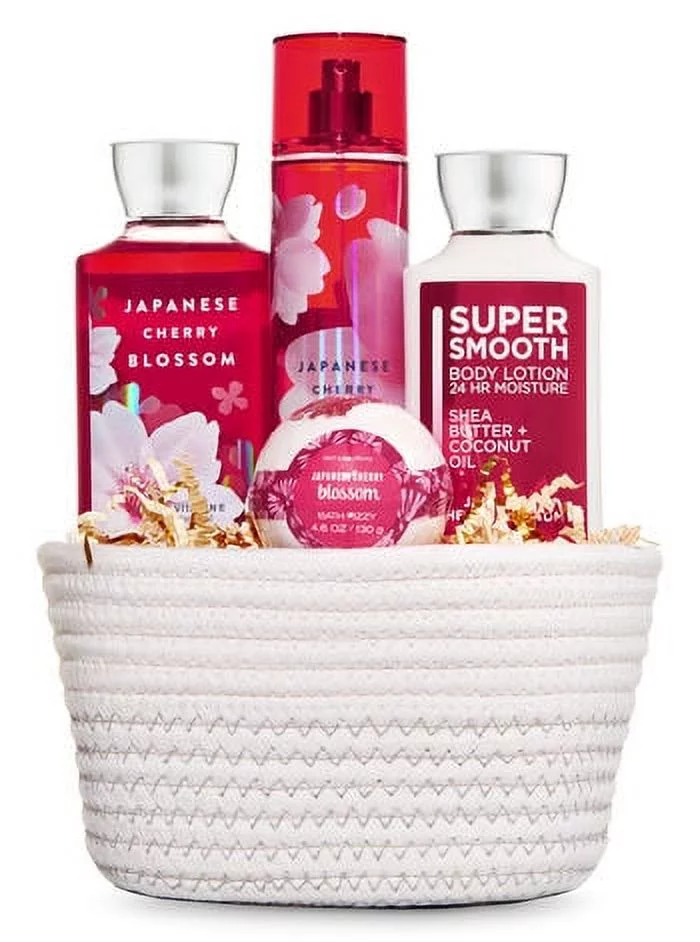 Bath & Body Works Japanese Cherry Blossom White Basket Gift Set - Shower Gel, Body Lotion, Fine Fragrance Mist & Bath Fizzy