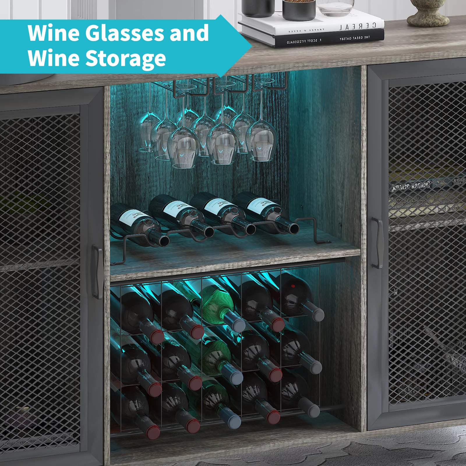BALUS Wine Bar Cabinet with RGB LED | Home Bar Industrial Sideboard Buffet Cabinet with Storage | Coffee Bar Cabinet with Wine Rack for Liquor and Glasses |Farmhouse Bar Cabinet for Dining living Room