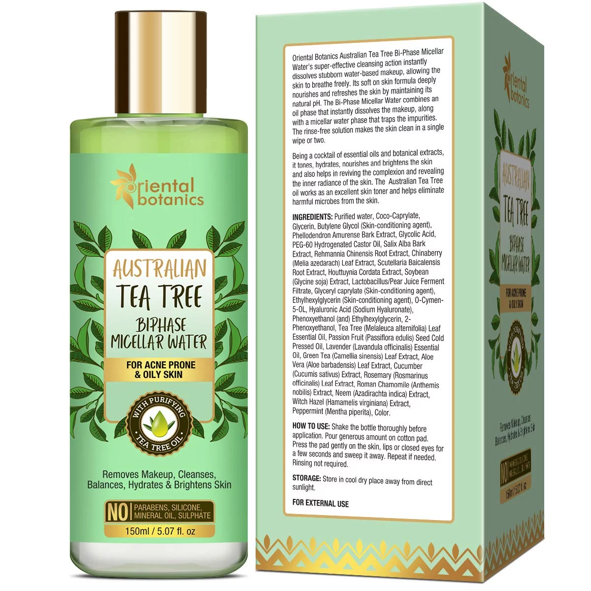 Oriental Botanics Australian Tea Tree Bi-Phase Micellar Water 150ml, Removes Makeup & Cleanses | No SLS, Alcohol