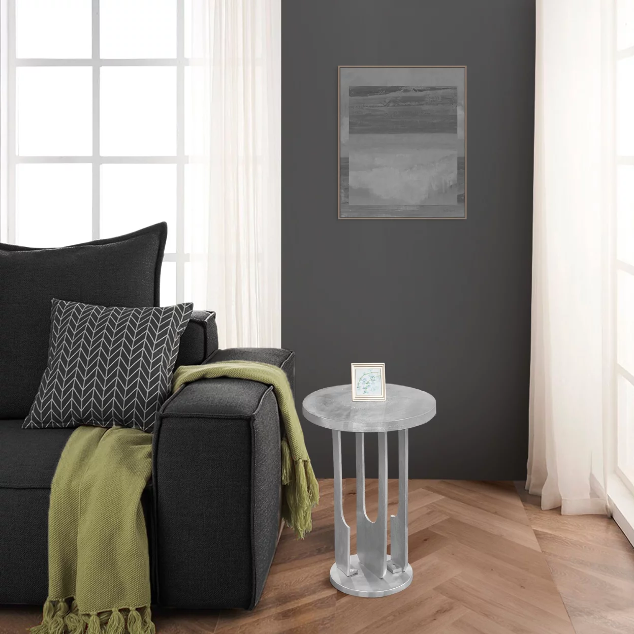 Cyrus 18 Inch Round Accent Side Table, Textured Top, Cast Aluminum, Arched Cut Out, Glossy Silver- Saltoro Sherpi