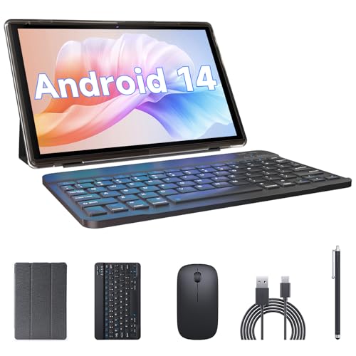 2 in 1 Tablet with Keyboard Case Mouse Stylus, 10 inch Tablet Android 14 Tablets PC, 6GB RAM+32GB ROM Support 1TB Expandable, 6000mAh Battery IPS 10.1