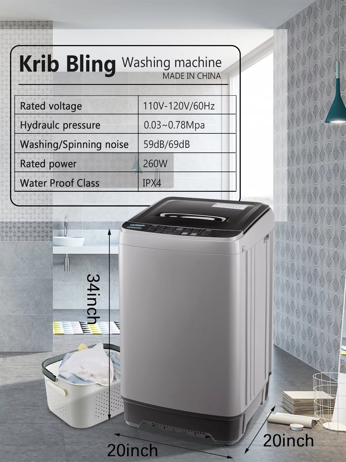 KRIB BLING 17.7 lbs Full Automatic Washer with Drain Pump, Mini Washing Machine, Top Load, 10 Programs, Ideal for Dorm and Apartment, Grey