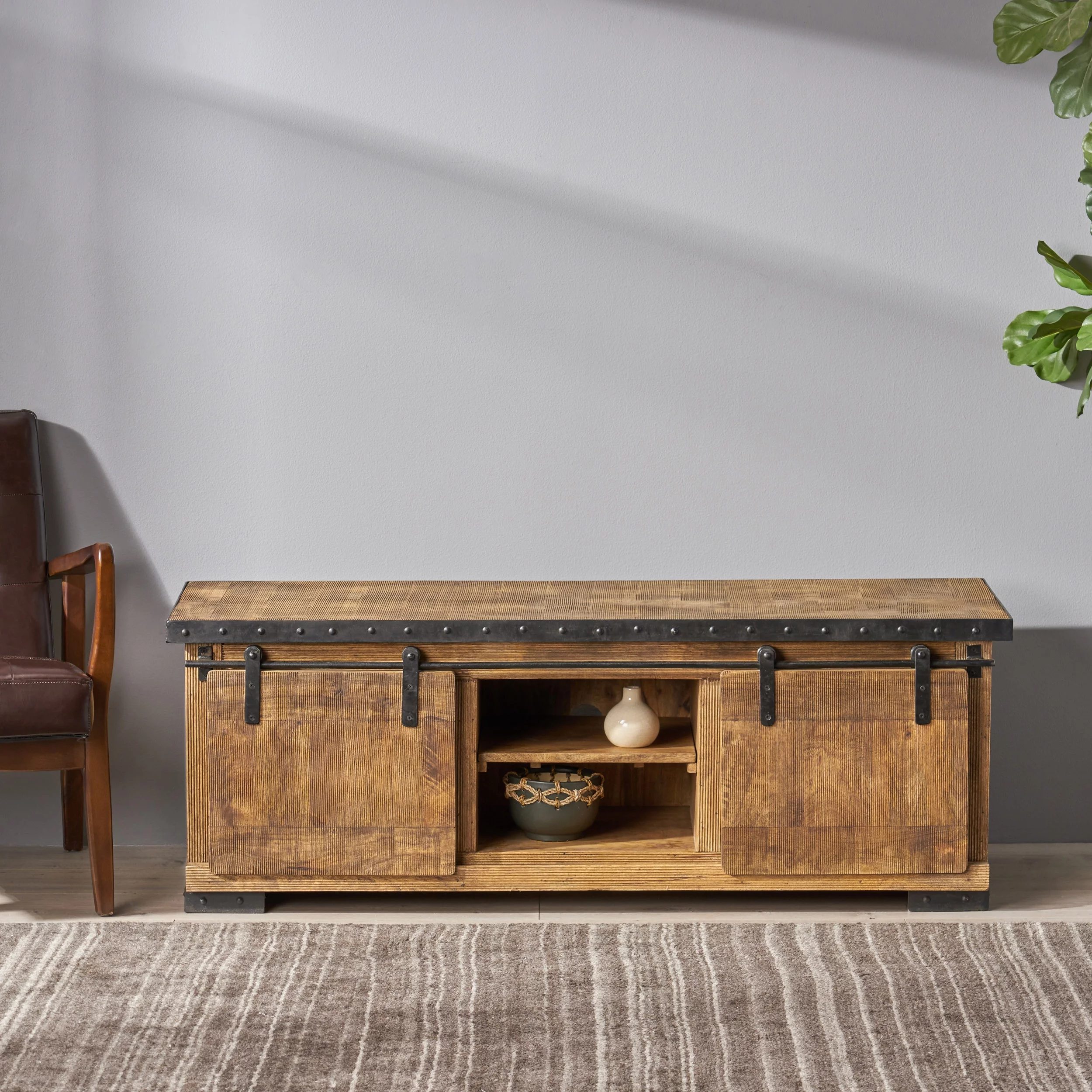 Noble House Zarnish Modern Industrial Mango Wood TV Stand, Natural and Black