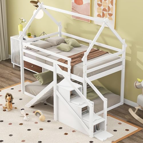 Twin Size Wood House Loft Bed Frame for Boys Girls Kids Adults Toddler with Slide, Storage Shelves and Light, Climbing Ramp, Wood Color