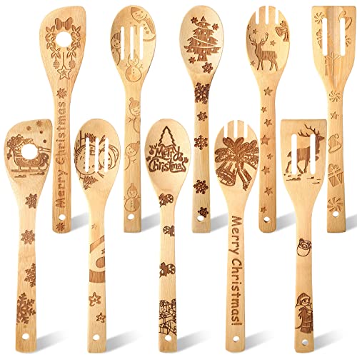 10 Piece Christmas Spatula Burned Spoons Wooden Christmas Kitchen Utensils Spoon Wood Slotted Decorated Wooden Spoons Spatula Christmas Cooking Utensils for Christmas Kitchen Decoration