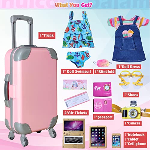 14-inch-Doll-Clothes and Doll-Travel-Suitcase Play Set Accessories - Including Luggage, ​2 Sets of Doll Clothes, Shoes Sunglasses Camera Computer Travel Pillow Blindfold Passport Tickets