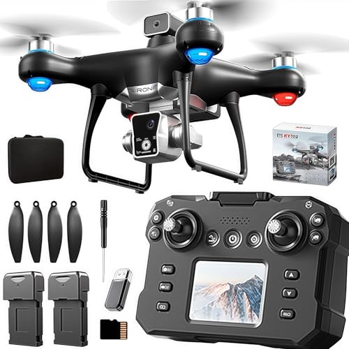 KY102 Drone with Screen Controller with SD card, Brushless Motor, Optical Flow Localization, Active Obstacle Avoidance, 2 batteries, One Key Take Off/Landing. (2 batteries - Black)