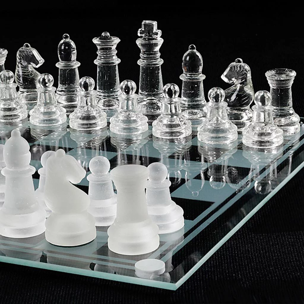 10 / 8 Chess , Solid Glass Chess Pieces with Padded Bottom, Crystal Chess Board Kids Adults Play Set - 20x20cm