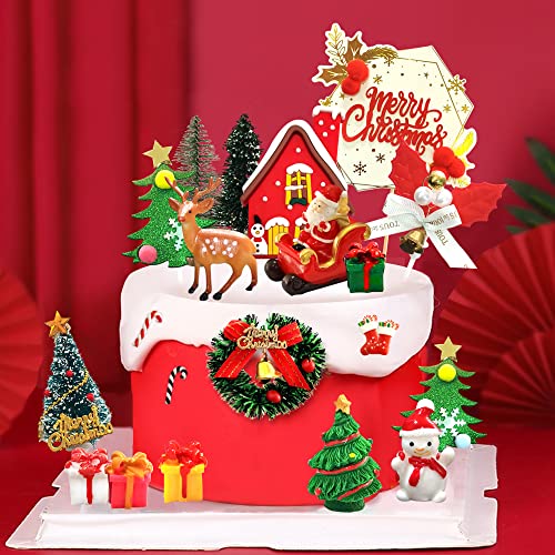 25pcs Christmas Cake Topper Merry Christmas Cake Decorations Cupcake Toppers with Craft Tree Mini Santa Sleigh Reindeer, Snowman Cake Decoration and Xmas Miniature Ornaments