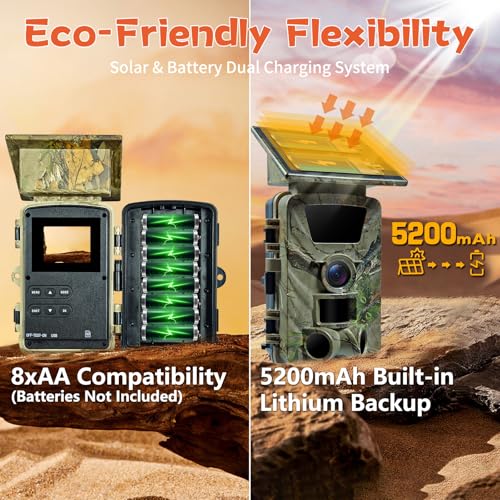Solar Trail Camera, 5K WiFi Game Camera, 5200mAh Forever Power, 64GB SD Card, IP66 Waterproof,120° Wide Angle Night Vision for Outdoor Detection, Monitoring Trail Cameras, H.264 MP4 Video