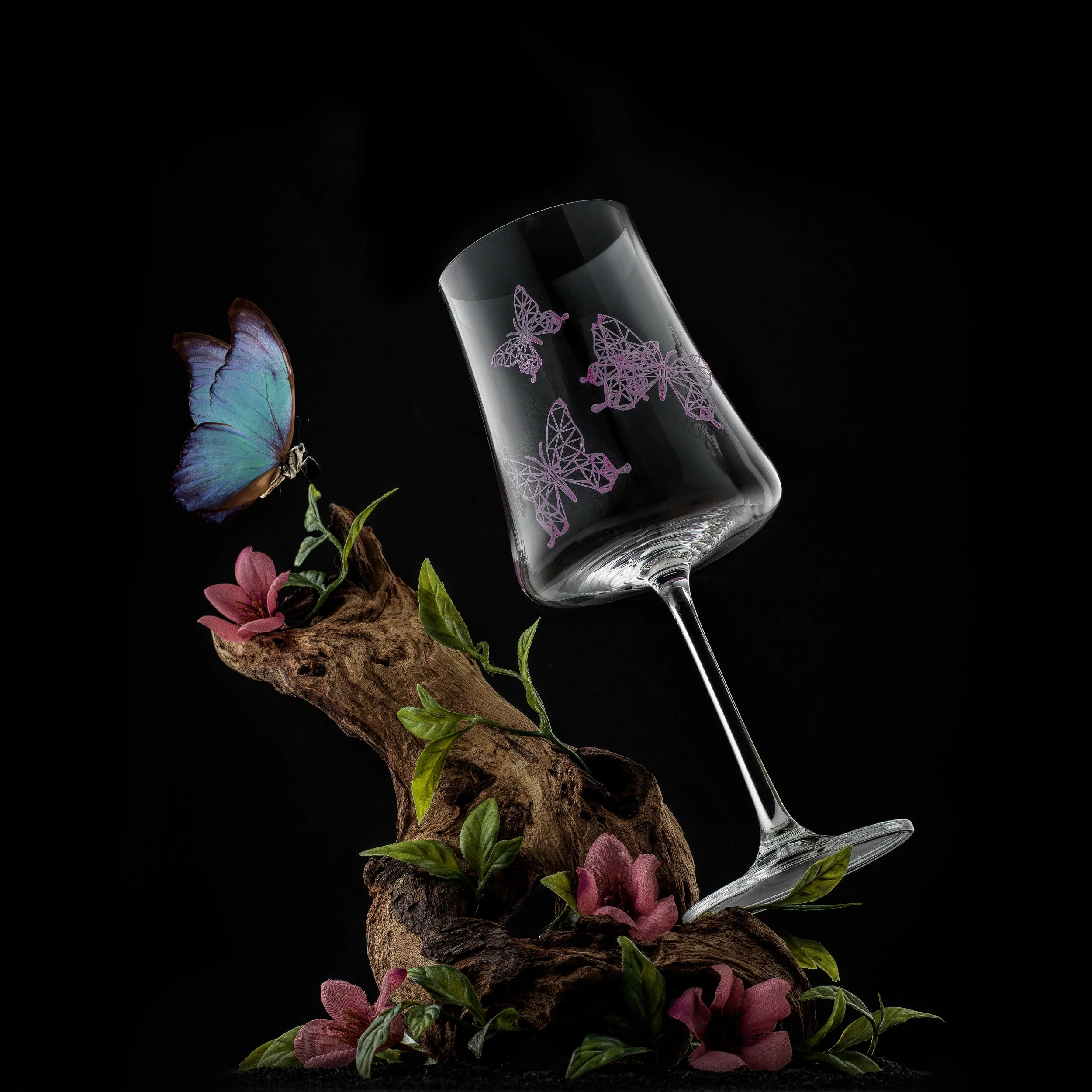 JoyJolt Meadow Butterfly Collection European Crystal Stemmed Red Wine Glass - Set of 2