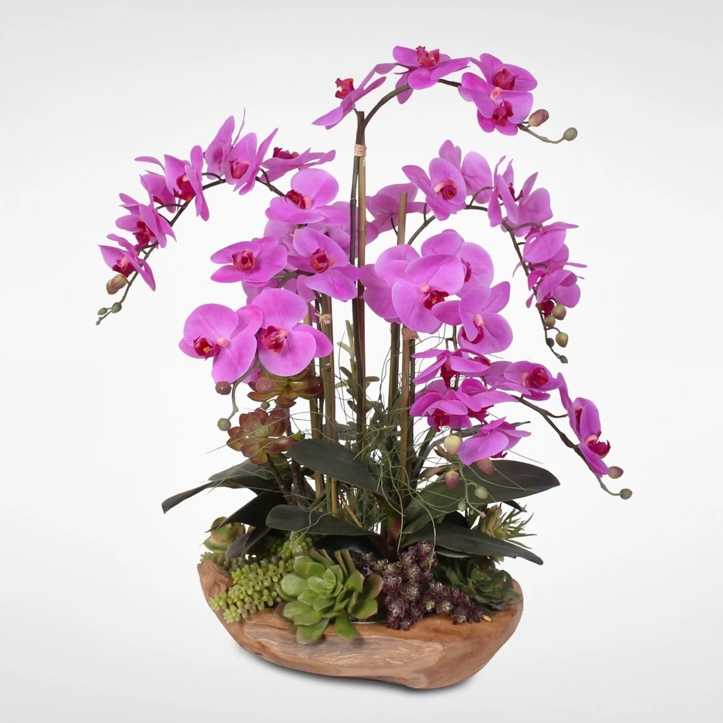Jenny Silks Real Touch 7-stems Phalaenopsis Silk Orchids With Succulents in Natural Wood Bowl