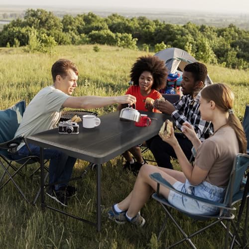 4 Ft Plastic Folding Table,Heavy Duty Portable Table for Indoor & Outdoor,Wood Grain Desktop & 350lbs Weight Capacity,Premium Solutions for Camping,Picnic,BBQ and Party