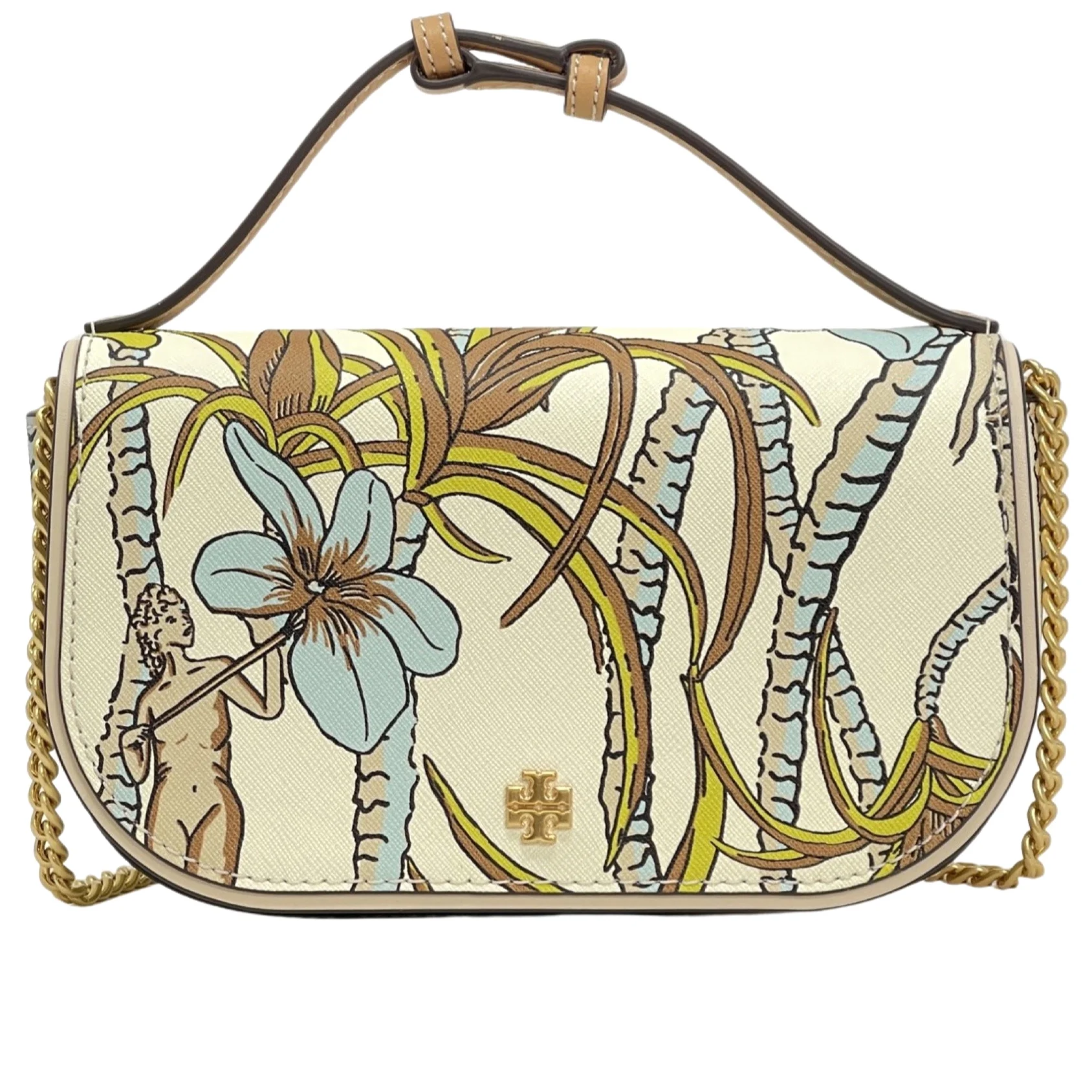 Tory Burch Emerson Saffiano Leather Printed Top Handle Crossbody Bag (Cream Brown Climbing Palms)