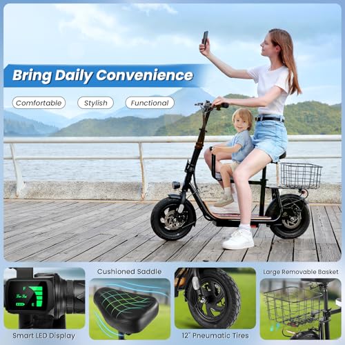Caroma Peak 500W/800W/1200W Electric Scooter with Seat, 30 Miles Max Range Electric Scooter Adults&Teens, 48V Large Battery, 20MPH Top Speed Foldable Ebike, Adjustable E-Bike with Basket&Kid Seat