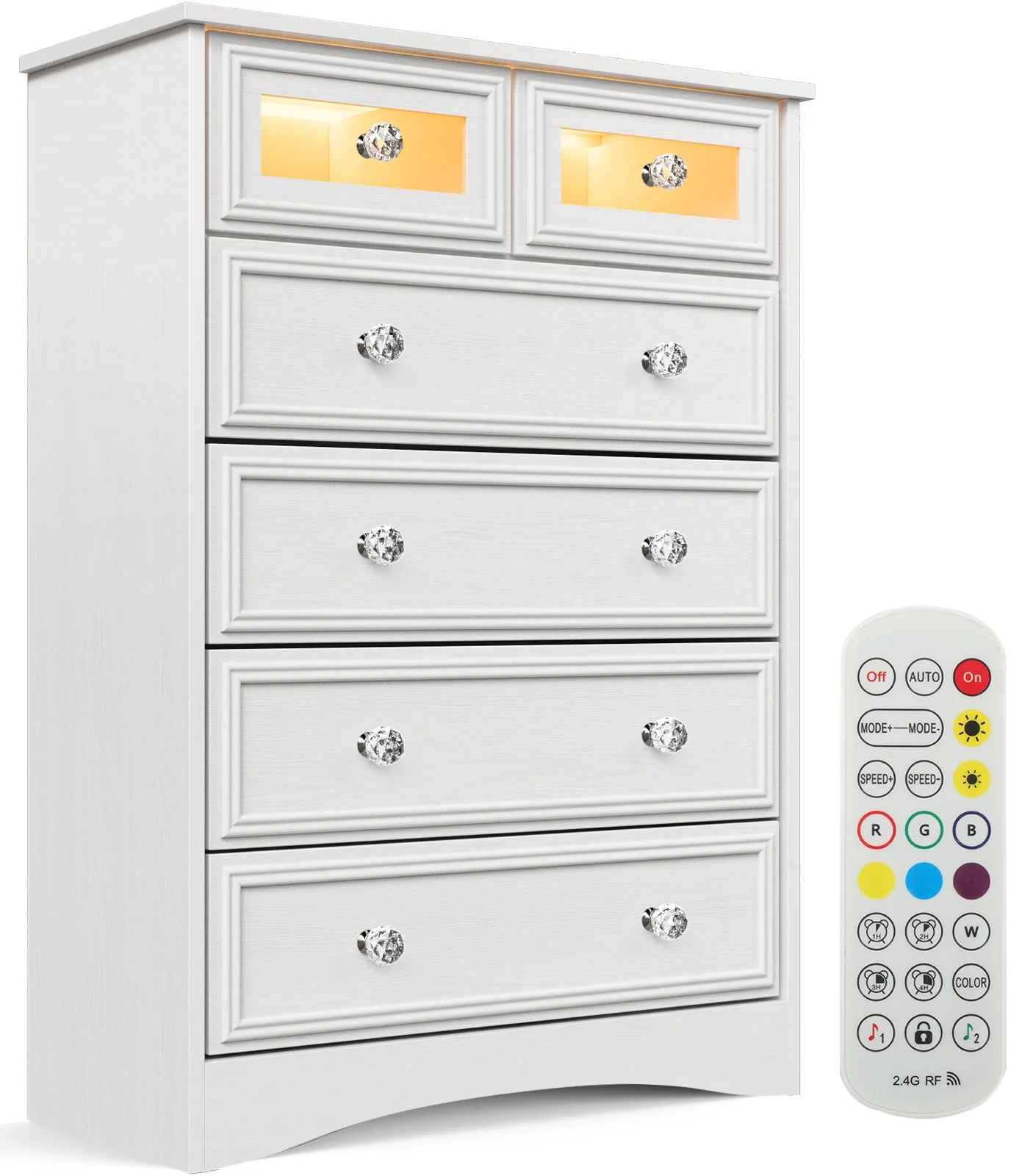 Modern 6 Drawer Dresser with LED Lights, Chest of Drawers Closet Organizers & Storage Clothes, Textured Borders for Living Room, Bedroom, White