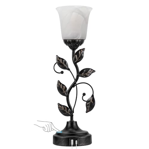 Kakanuo Touch Table Lamp Bedside Lamp Nightst Lamp USB Charging Ports for Living Room 3 Way Dimmable Traditional Leaf Lamp Retro Table Lamp for Bedroom Amber Glass Lampshade LED Bulb Included)