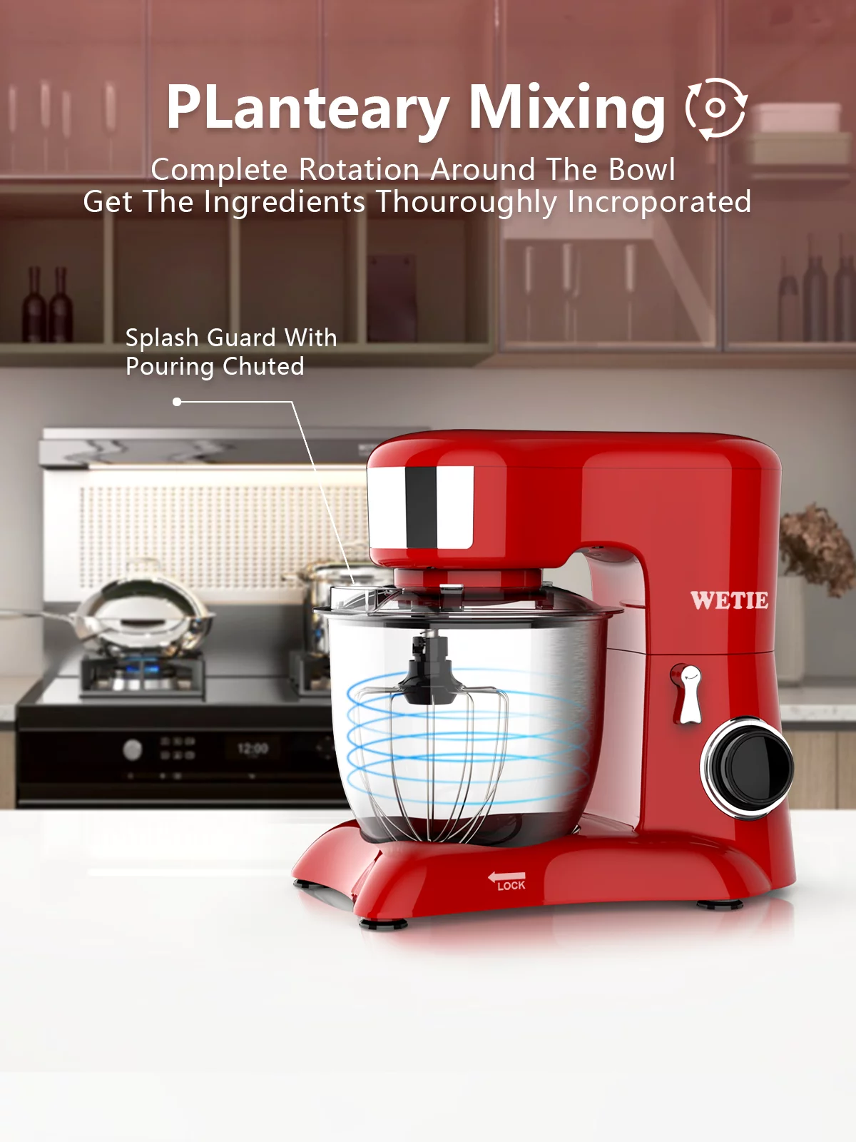 WETIE Stand Mixer with Bowl and Dough Hook, 4.8 Quarts , 10 Speed Kitchen Electric Mixer,Tile-Head,Red