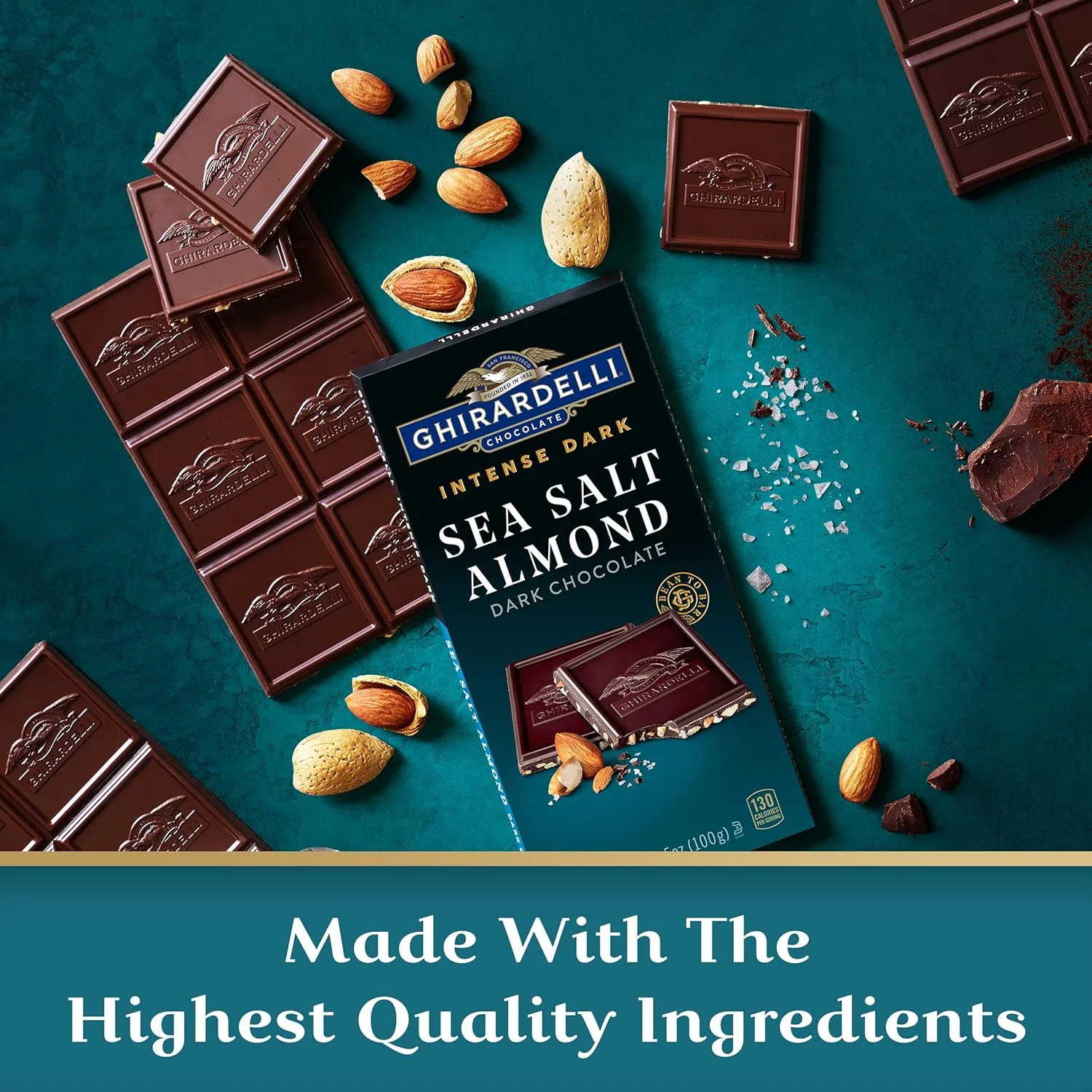 GHIRARDELLI Sea Salt Almond, Intense Dark Chocolate Bar, Valentine’S Day Chocolate Gifts, 3.5 Ounce Bar (Pack Of 4)