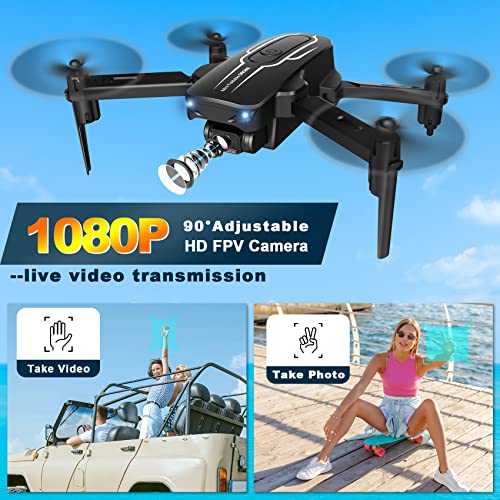 Mini Drone with Camera for Adults Youth - 1080P HD FPV Camera Drones with 90° Adjustable Lens, Gestures Selfie, One Key Start, 360° Flips, Toys Gifts RC Quadcopter for Boys Girls with 2 Batteries