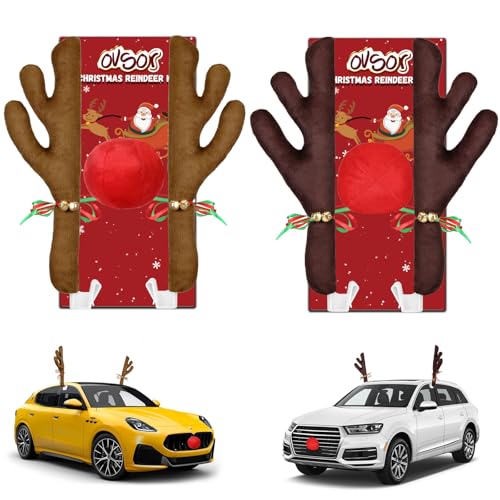 2 Sets Christmas Reindeer Car Kit - Antlers & Nose for Car Decorations, Sturdy Rudolph Reindeer with LED, Jingle Bells, Christmas Reindeer Kits for Any Vehicle Decorations (Brown, Black-Brown)