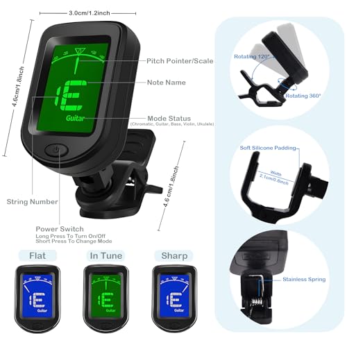 Guitar Accessories Kit: Clip On Guitar Tuner, 3 in 1 Guitar Capo, 30 Guitar Picks, Pick Holder, Leather Plectrum Pouch Keyring & Storage Case for Acoustic Electric Guitar, Bass, Ukulele
