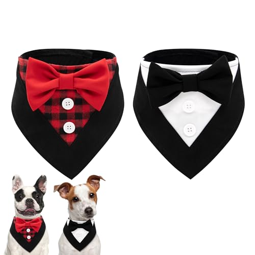 cyeollo 2 Pack Christmas Dog Tuxedo Bandana Adjustable Red Plaid Christmas Pet Outfit with Bow Tie Dog Costume for Small Dogs Cats, S