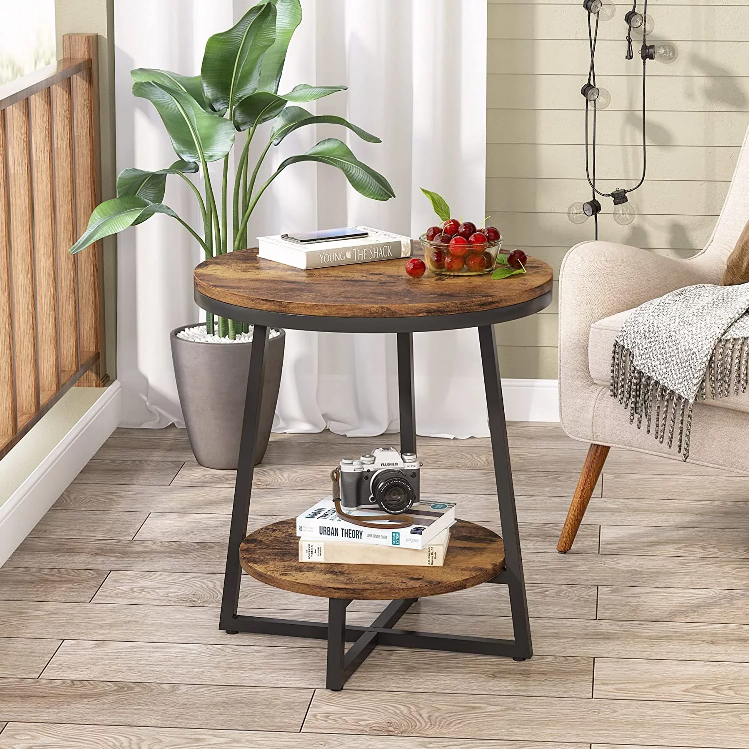 Tribesigns Round End Table, 2 Tier Side Table with Storage Shelf for Living Room, Nightstand Bedside Table, Rustic Brown