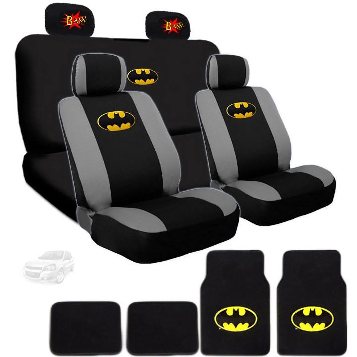 Extreme Batman Universal Size Fabric Car Seat Covers and Carpet Floor Mats from BDK Bundled with Classic Comic Book BAM! Logo Headrest Covers Gift Set - Shipping Included
