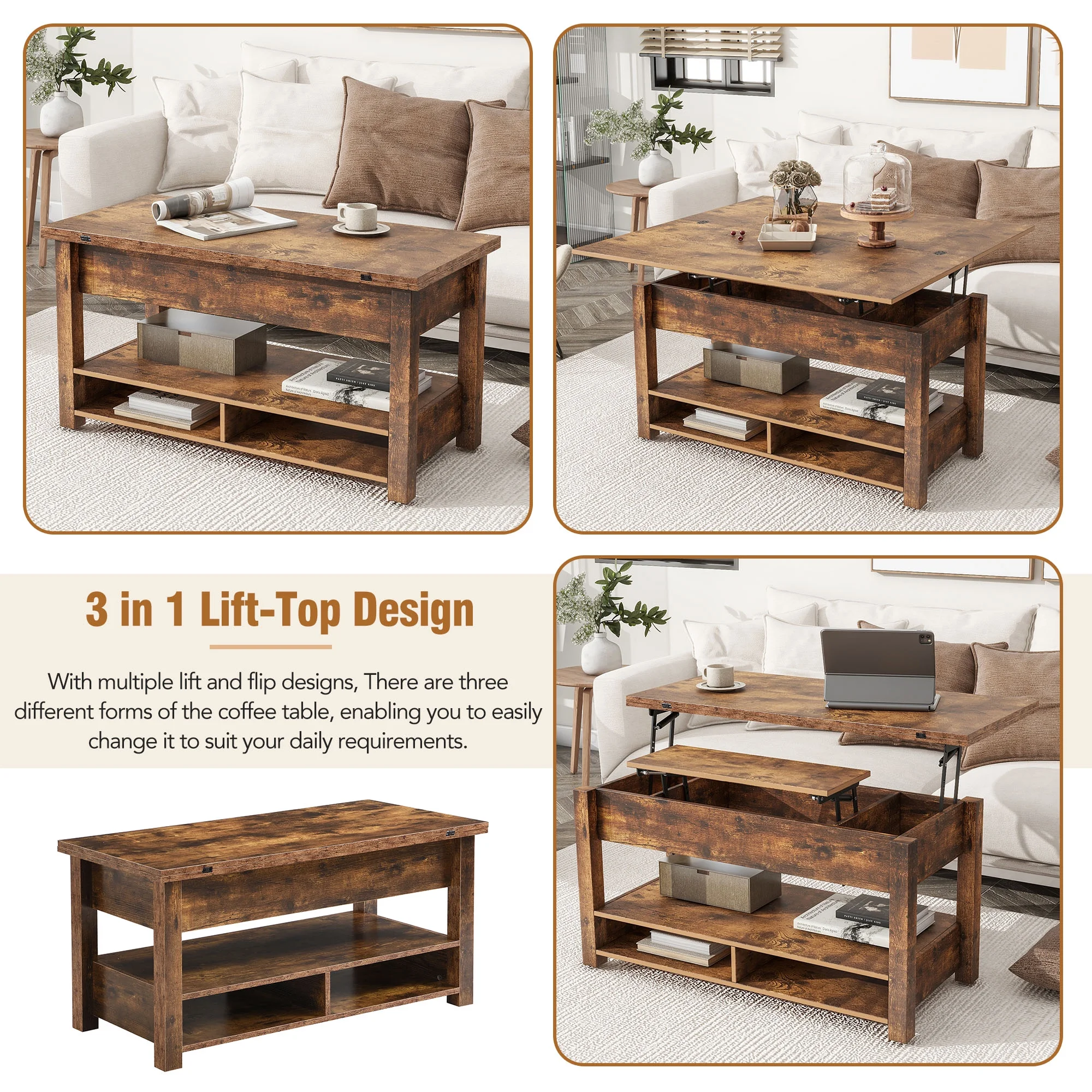 Smart FENDEE Lift Top Coffee Table with 3 Shelves,Wood Center Table, Living Room,41.7