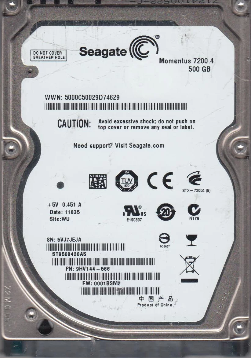 ST9500420AS, 5VJ, WU, PN 9HV144-566, FW 0001BSM2, Seagate 500GB SATA 2.5 Hard Drive